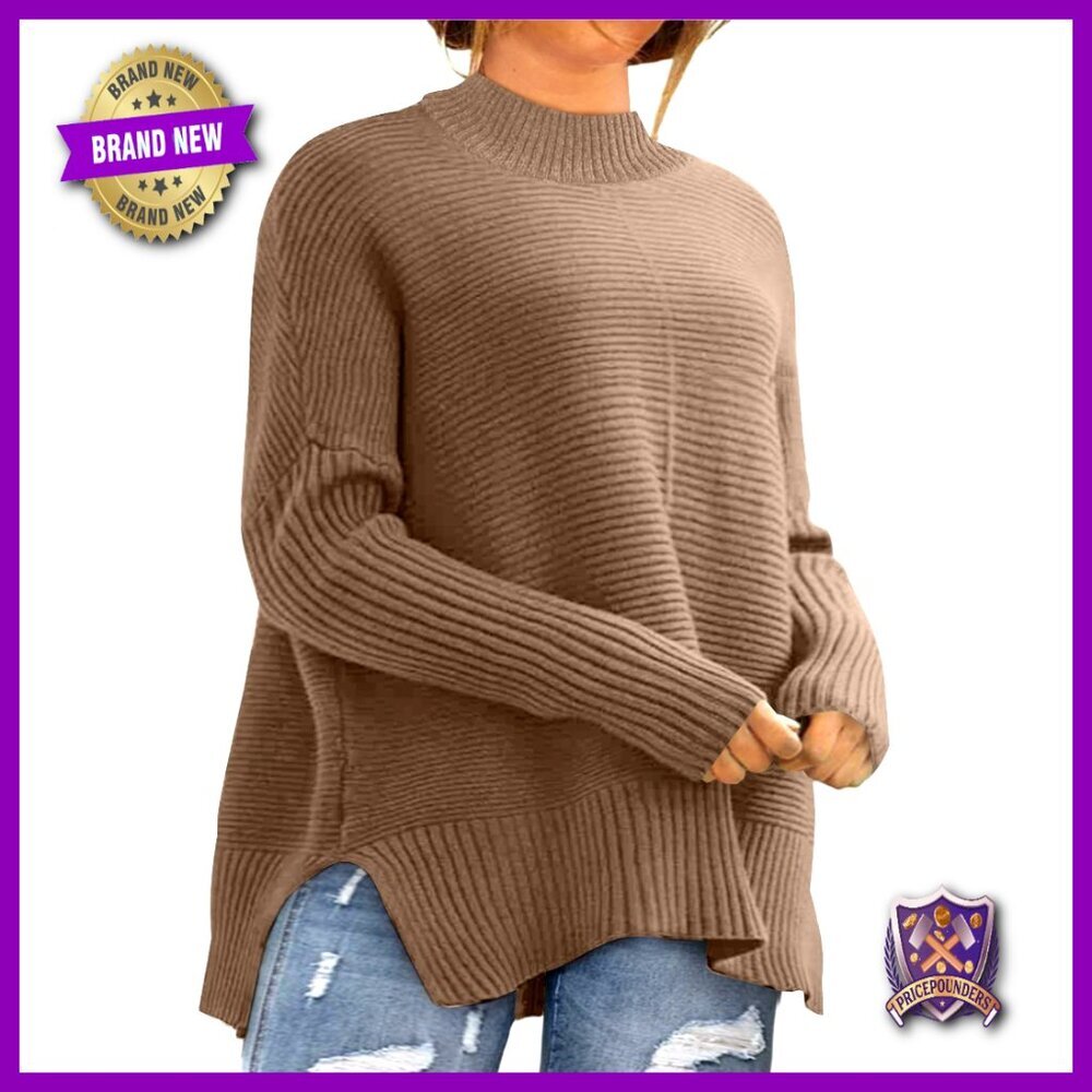 Plus Size Ribbed Knit Pullover Sweater Long Sleeve Crew Neck Split Hem Tunic